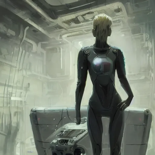 Prompt: concept art by greg rutkowski, a very tall, and slender blonde woman, wearing futuristic space suits, exploring the interior of an abandoned space station, brutalist futuristic interior, dark lighting atmosphere, detailed portraits, scary atmosphere, scifi, digital painting, artstation, concept art, smooth, sharp foccus ilustration, artstation hq