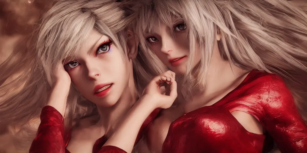 Prompt: epic scene of very attractive final fantasy 1 7 female character looking like brigid bardot, detail face, lovely eyes and lips, with amazing detail red dress ) ( fighting ) hyper realistic 3 d render, art station, particles, epic scene, mucha, clouds, jump pose, blur focus, action, fantasy, digital art, smooth curves