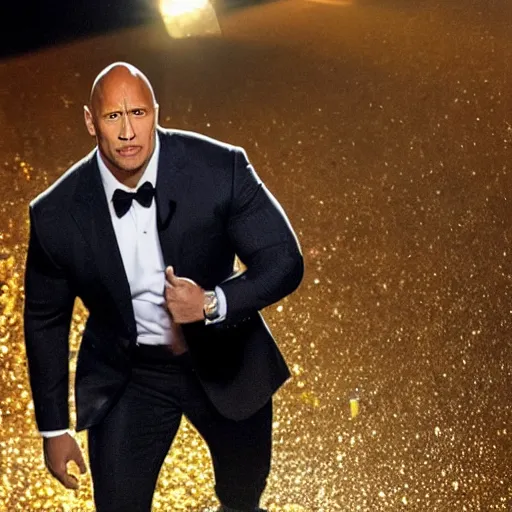 Image similar to dwayne the rock johnson wearing a expensive suit made entirly of gold walking down the run way, 3 5 mm, paparazzi photo, dazzling lights, dramatic lighting, photorealistic, cinematic scene, super detailed, hyper realistic, bright lights