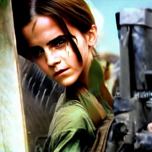 Prompt: film still, extreme far view, emma watson vietnam door gunner, film still from apocalypse now ( 1 9 7 9 ), 2 6 mm, kodak ektachrome, blue tint expired film,