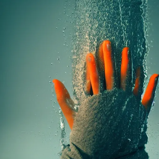 Image similar to a blurry closeup picture of hands around neck, dripping wet, no face, macro photography, long exposure photograph, surrealism, anamorphic bokeh, cozy, soft light, cyan and orange, caustic, atmospheric fog, octane render, cinematic