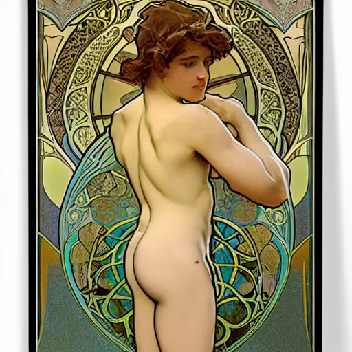 Image similar to ultra realistic illustration of young winged boy angel, full body, male body, elegant study, art nouveau poster by alphonse mucha