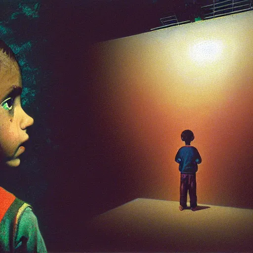 Prompt: 8k professional photo of an 8 years old enlightened and scared boy standing in front of an old computer from 90s with a game doom2 at the monitor screen in a vr vaporvawe space, Beksinski impasto painting, part by Adrian Ghenie and Gerhard Richter. art by Takato Yamamoto, masterpiece. still from a movie by Gaspar Noe and James Cameron