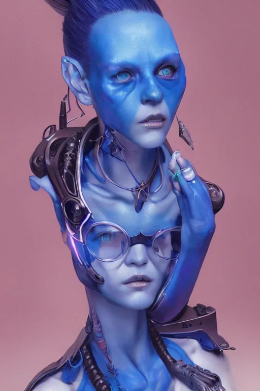 Prompt: portrait of beautiful young blue goblin, cyberpunk, Warhammer, highly detailed, artstation, illustration, art by Gustav Klimt and Range Murata and Ilya Kuvshinov and Sakimichan