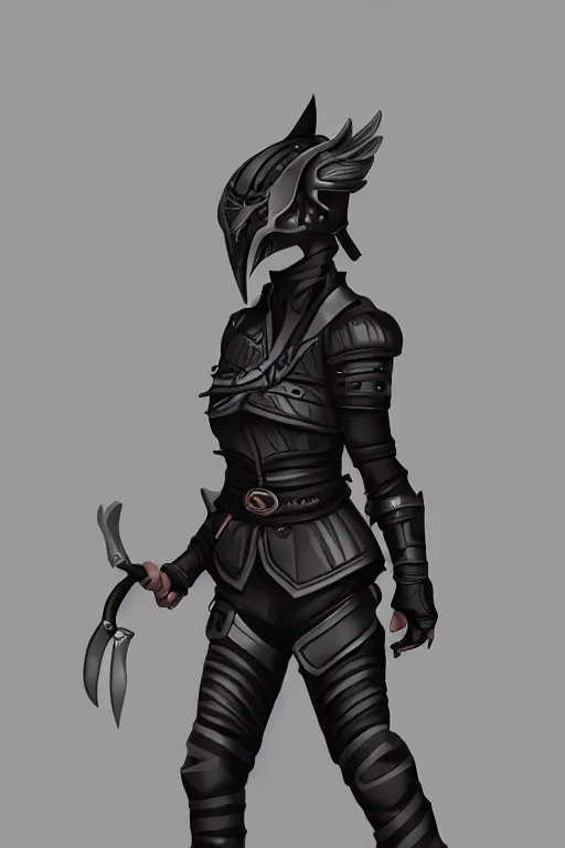 Image similar to female adventurer in tight full - body black leather armor of japanese design and a black porcelain crow mask, trending in artstation, establishing shot