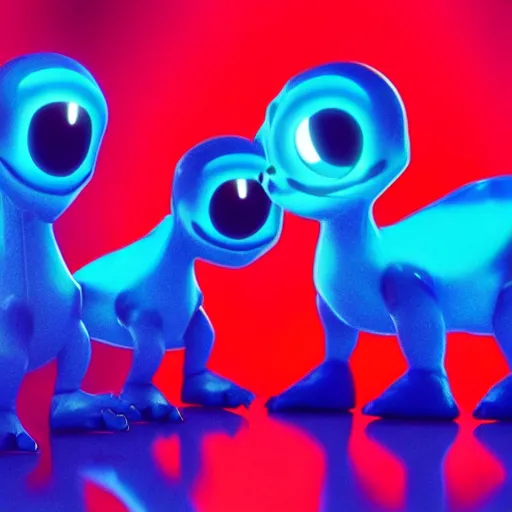 Image similar to cute smiling pixar and chibi style electric blue scaled glowing baby dinosaurs in tron movie, cinestill