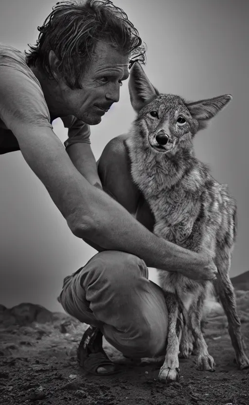 Prompt: award winning editorial photo of a zak bagan petting a wild coyote by edward sherriff curtis and lee jeffries, 8 5 mm nd 5, perfect lighting, gelatin silver process