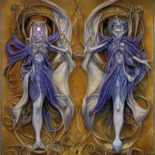 Image similar to detailed and sharp gemini artwork, mystic style, detailed, 8 k, detailed, symmetrical, by brian froud