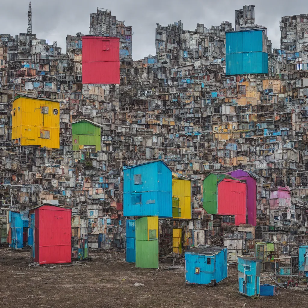 Prompt: two towers made up of colourful makeshift squatter shacks separated by vertical spaces, dystopia, sony a 7 r 3, f 1 1, fully frontal view, photographed by jeanette hagglund