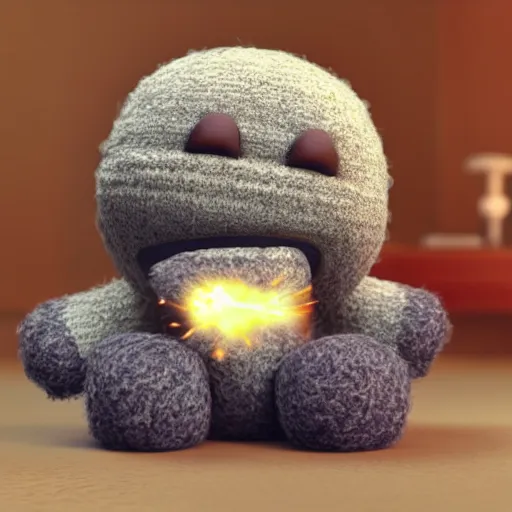 Image similar to cute fluffy sackboy cuddling a woolen earth, magical sparks flying around it in circles, 3d rendered, Ultra HD