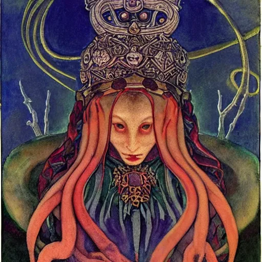 Image similar to the tentacle crown, by Annie Swynnerton and Nicholas Roerich! and (((Diego Rivera))) and (((Edmund Dulac))), bioluminescent skin, tattoos, elaborate costume, geometric ornament, symbolist, rich colors, dramatic lighting, smooth, sharp focus, extremely detailed