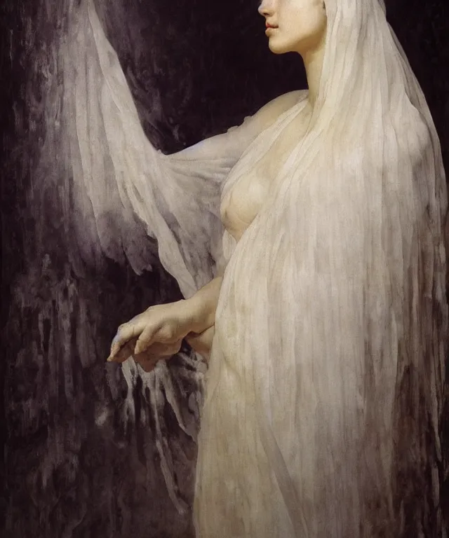 Image similar to Beautiful woman with closed eyes under the white veil wearing a white dress and covered with melted white candle wax by Ilya Repin, Mikhail Vrubel, William Blake, Michelangelo da Caravaggio, Rafaelle Monti and Beksinski, dramatic volumetric lighting, full body portrait, highly detailed oil painting, 4k, masterpiece