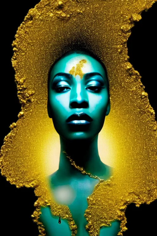 Image similar to hyperrealistic post - dada cinematic very expressive! profile black oshun goddess, emerging from water!!, mirror dripping droplet!, gold flowers, highly detailed face, digital art masterpiece, smooth eric zener cam de leon, dynamic pearlescent teal light, low angle uhd 8 k, sharp focus