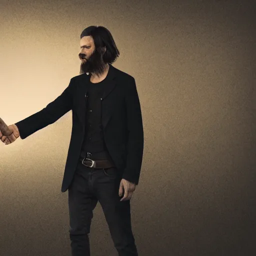 Image similar to a long, dark haired man with a light beard, dressed casually offering a handshake towards the camera, cinematic, gloomy background, realistic, digital art, character art, 8 k