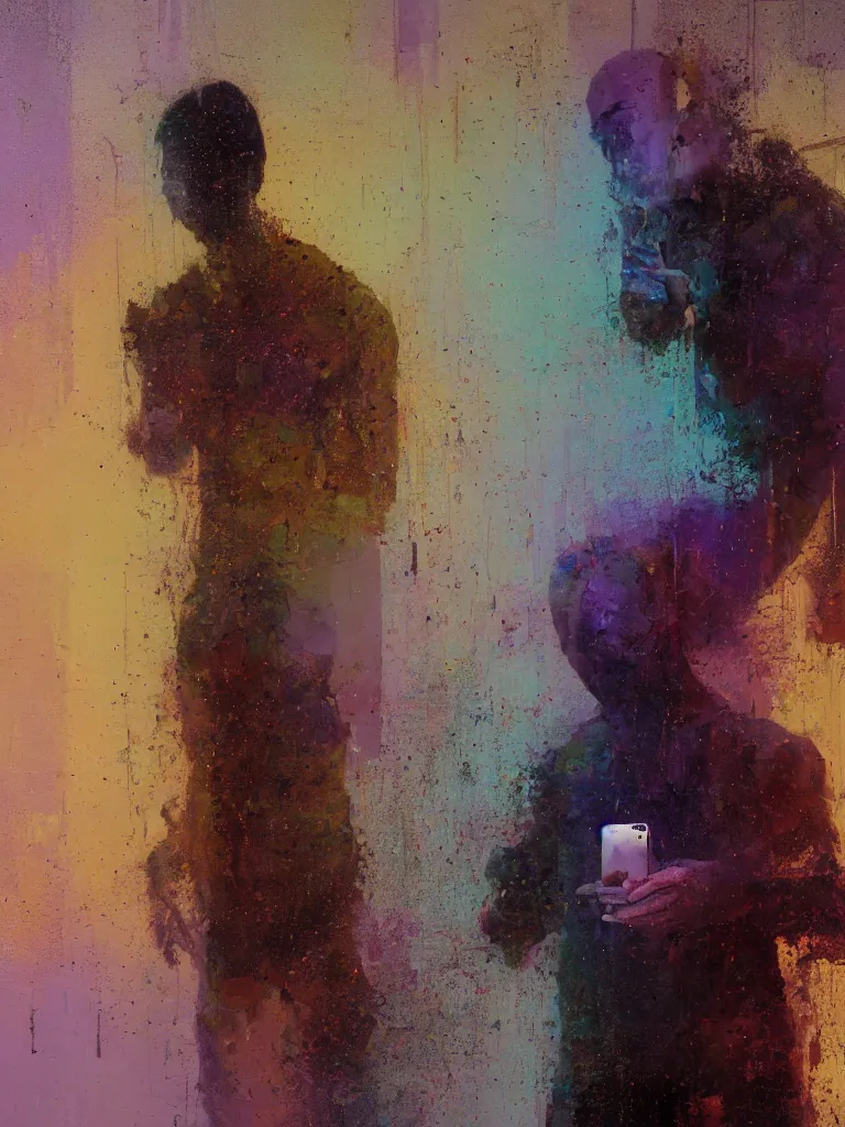 Prompt: a beautiful glitched oil painting by robert proch of a man standing with his phone in front of a bathroom mirror, anatomy study of the human nervous system, color bleeding, pixel sorting, copper oxide and rust materials, brushstrokes by jeremy mann, cold top lighting, pastel purple background