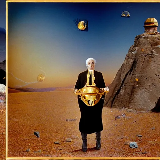 Image similar to salvador dali wearing a golden dress with jewels in a dry rocky desert landscape, visible sky and sunny atmosphere, fata morgana and giant square mirrors, film still from the movie by alejandro jodorowsky with cinematogrophy of christopher doyle and art direction by hans giger, anamorphic lens, kodakchrome, very detailed photo, 8 k