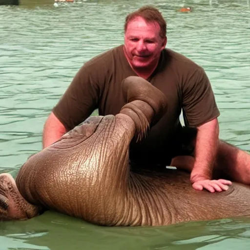 Image similar to phil hawkins, a small man, wrestles a huge walrus