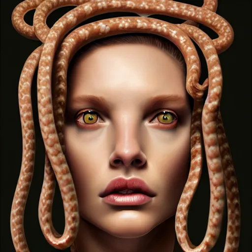 Prompt: portrait of medusa with long thin sausages instead of snakes, sausage hair, photorealistic, illustration, intricate details, masterpiece, digital art, trending on artstation