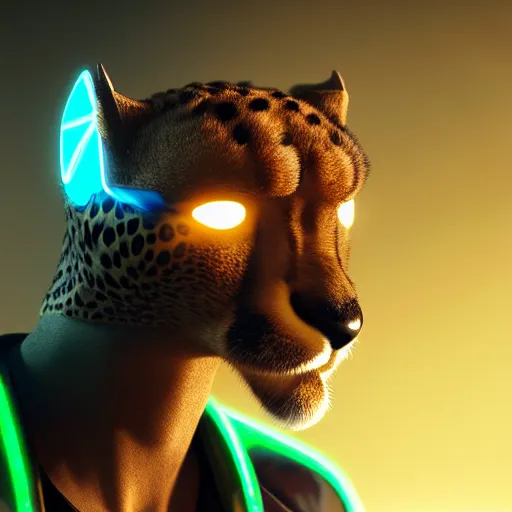 Image similar to a beautiful commission of a male anthropomorphic cheetah wearing a neon jacket,futuristic,detailed face,character design by charles bowater,mohawk,cyberpunk style,deviantart,artstation,art by greg rutkowski,ross tran,professional lighting,neon city,night,raytracing,rtx,highly realistic,4k,dramatic,hyperrealism