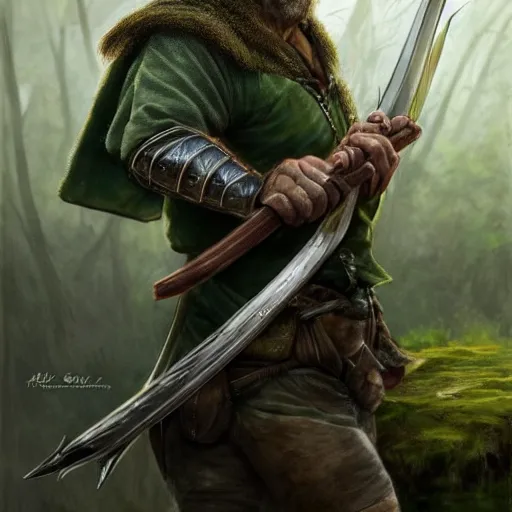 Image similar to a rugged warrior hobbit in leather armor with very short hair and a dark green cloak hiking through the forest holding a hunting bow, clean shaven, trending on artstation, realistic, detailed, by Tony Sart