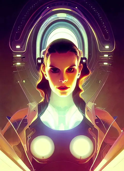 Image similar to symmetry portrait of lana del rey, sci - fi, tech wear, glowing lights intricate, elegant, highly detailed, digital painting, artstation, concept art, smooth, sharp focus, illustration, art by artgerm and greg rutkowski and alphonse mucha