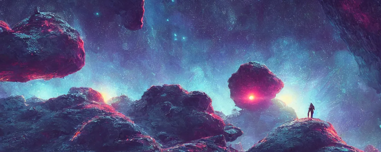 Image similar to ” small rock asteroid, [ black starry space, cinematic, detailed, epic, widescreen, opening, establishing, mattepainting, photorealistic, realistic textures, octane render, art by paul lehr ] ”