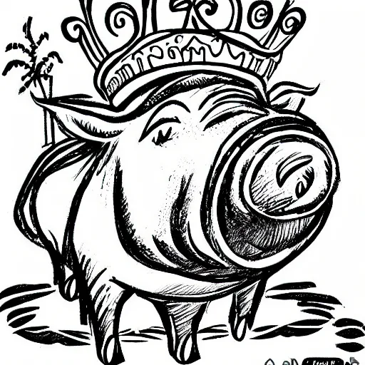 Image similar to detailed line art doodle sketches of a pig wearing a gold crown by Dr. Seuss