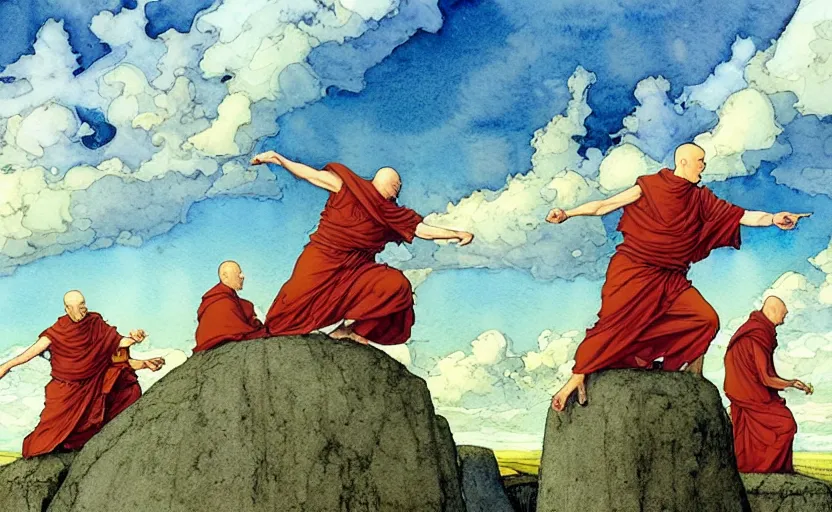 Image similar to a hyperrealist watercolour concept art of a group of colorless medieval monks levitating a huge flat rock in the air over their head. a large stonehenge moneument is in the sky. by rebecca guay, michael kaluta, charles vess and jean moebius giraud. high detail, hq, wide shot