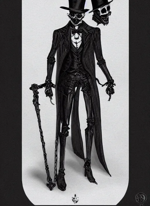 Image similar to DND character art, skeletal male figure, wearing a deep black suit!!! and tie and top hat, holding a gold! cane!. blue!!! flames!!