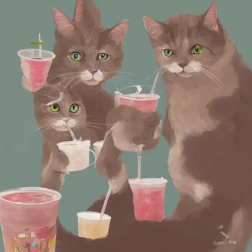 Prompt: a cat drinking a bubble tea, tom cross digital art