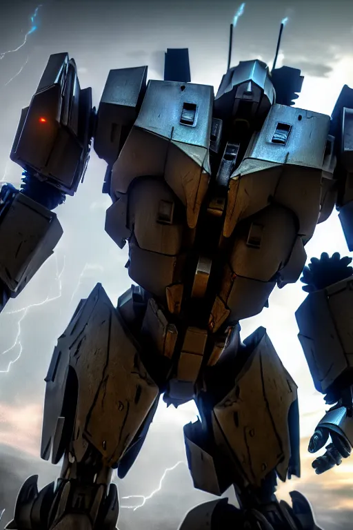 Prompt: hyper detailed 8 k cinematic still, rendering with volumetric lightning and ray tracing, show case of a skinny full body aggressive armored core jaeger from movie, weathering armor plating, decipticon armor plating, aggressive head, endoekeleton exposure