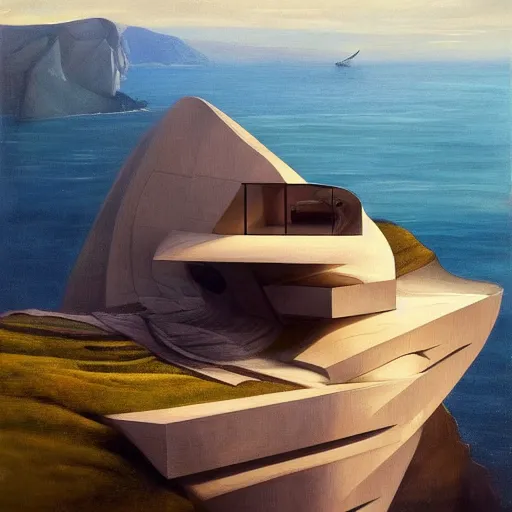 Prompt: beautiful oil matte portrait painting, modern house on top of a cliff designed by zaha hadid, wonderful masterpiece, highly detailed, beautiful cinematic light, deep focus, elegant, digital painting, smooth, sharp focus, golden ratio, dramatic illumination, ultra realistic, 8 k, art by artemisia lomi gentileschi and caravaggio