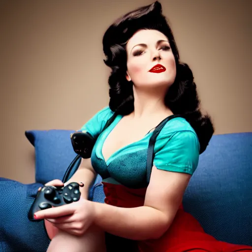 Prompt: a pin up woman playing a videogame, front view, dark lighting, couch, control, photo, gamer
