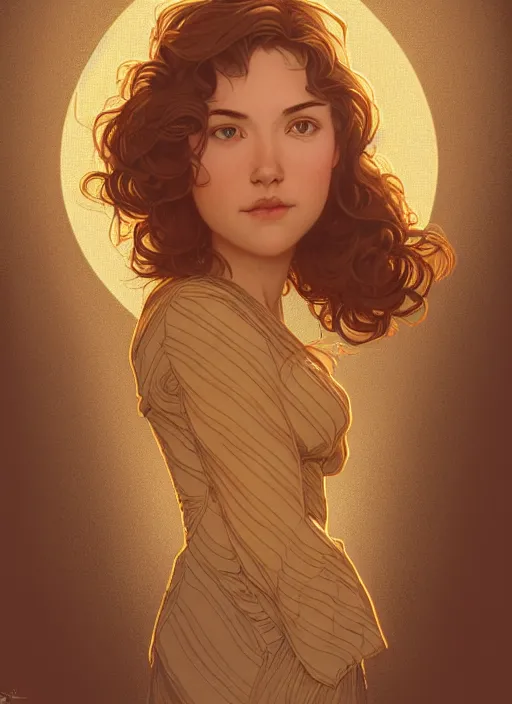 Prompt: symmetrical, full body portrait of a woman with short wavy hair, round face, cottagecore!!, river, trees, golden hour, intricate, elegant, highly detailed, digital painting, artstation, concept art, smooth, sharp focus, illustration, art by artgerm and greg rutkowski and alphonse mucha