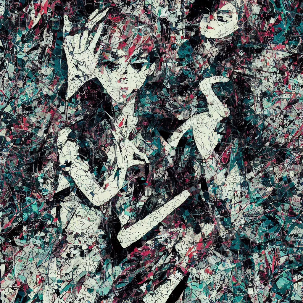 Image similar to girl figure, abstract, jet set radio artwork, ryuta ueda artwork, cryptic, rips, spots, asymmetry, stipple, lines, glitches, color tearing, pitch bending, stripes, dark, ominous, eerie, hearts, minimal, points, otomo katsuhiro artwork, technical, natsumi mukai artwrok, folds