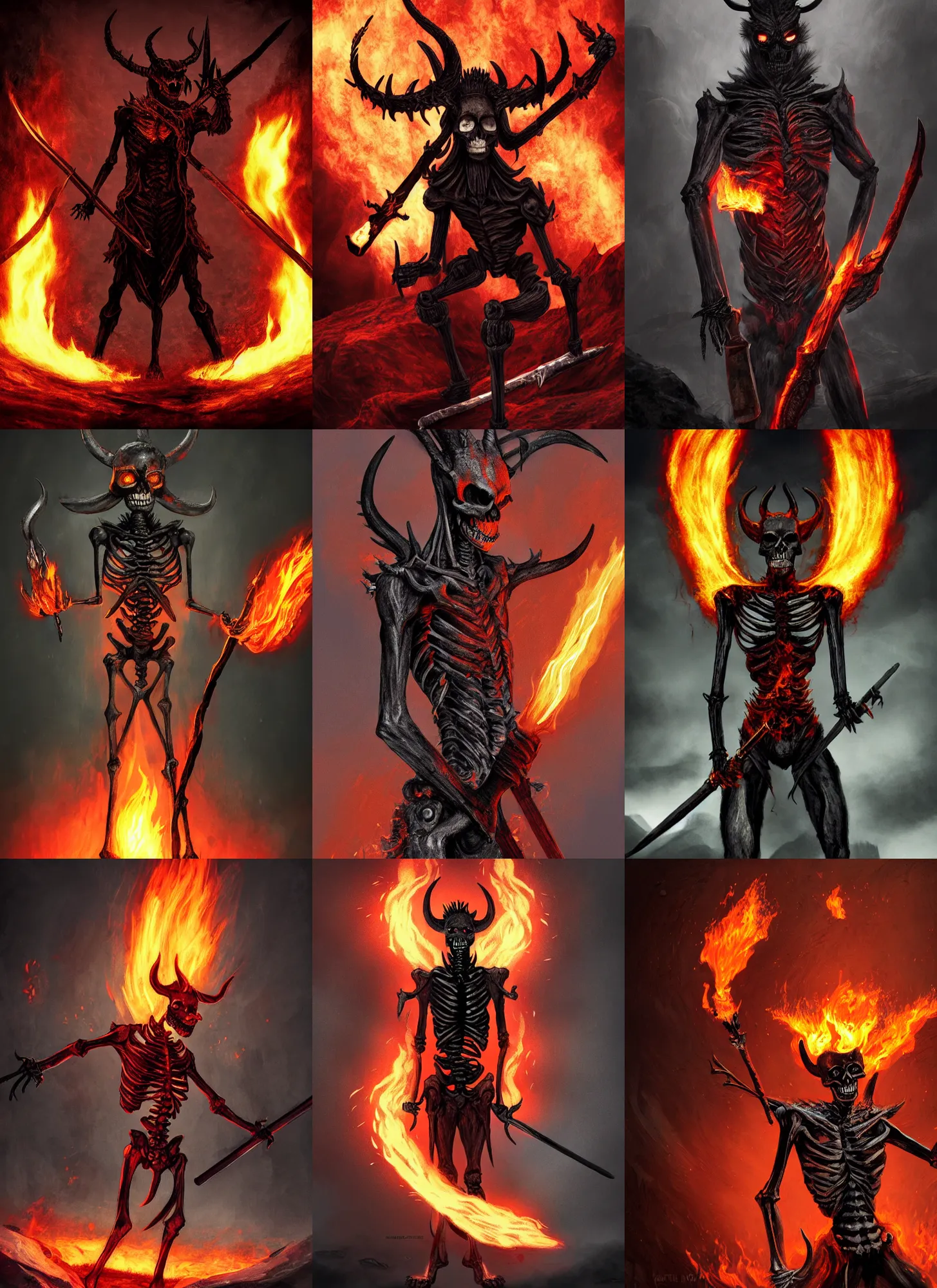 Prompt: black skinny skeleton with horns holding flaming sword, lava, intricate, moody, dark, highly detailed, artstation, concept art, sharp focus, illustration, morhbacher