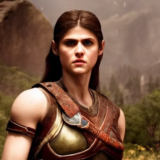 Prompt: Film still of Alexandra Daddario, from God of War (2018 video game)