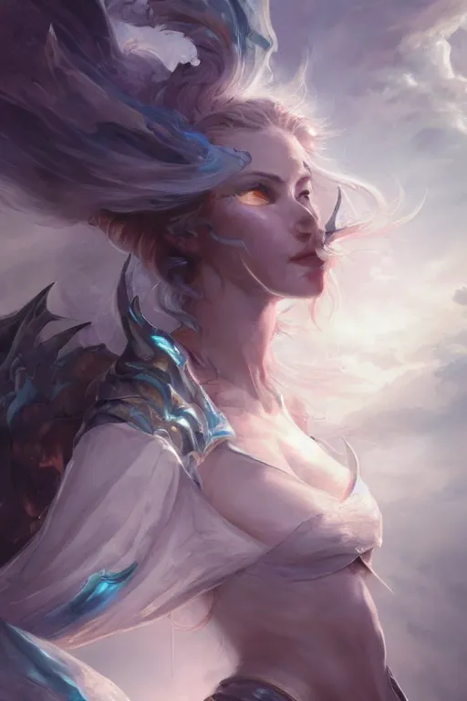 Image similar to half body closeup beautiful girl warrior in white dress, casting magic spell, angel, magic storm and thunder clouds, fantasy, magic the gathering, hyper detailed, 3 d render, hyper realistic detailed portrait, peter mohrbacher