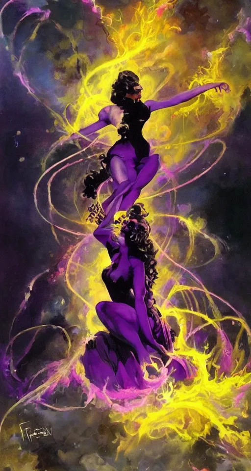 Prompt: she dreams of arcs of purple flame intertwined with glowing sparks, glinting particles of ice, dramatic lighting, steampunk, bright neon, secret holographic cyphers, red flowers, solar flares, high contrast, smooth, sharp focus, intricate art by Frank Frazetta
