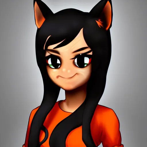 Image similar to tomboy cartoon girl with dark skin, black hair, wolf ears and glowing orange eyes, deviantart, artstation