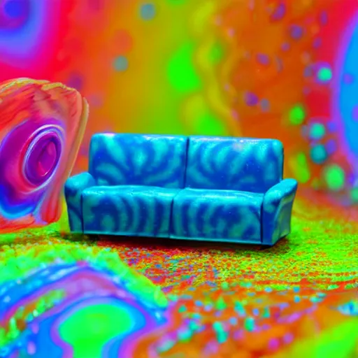 Image similar to fisher price couch, perfect focus, psychedelic trippy couch in space, planets, milky way, sofa scene from tv show hyper detailed 5 5 mm 8 5 mm, toy photography, made out of plastic