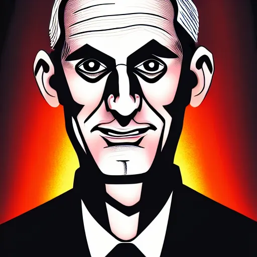 Image similar to digital portrait of secretary of denis mcdonough face with solid glowing eyes, cover art of graphic novel, evil laugh, menacing, Machiavellian puppetmaster, villain, simple style, solid colors, clean lines, clean ink, trending on artstation