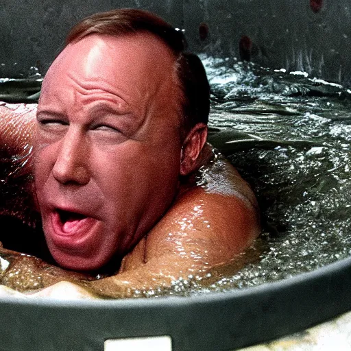 Image similar to CRT surveillence footage of Alex Jones swimming inside of a filthy septic tank, gargling the sewage