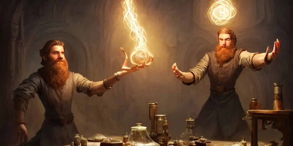 Image similar to a handsome bearded white male dark sorcerer with brown hair he is casting a spell from his hands, he is in a alchemist workshop filled with beakers and equipment, neutral pose, sharp focus, waist up, epic composition, 4 k, by greg rutkowski, rudy siswanto and anna podedworna