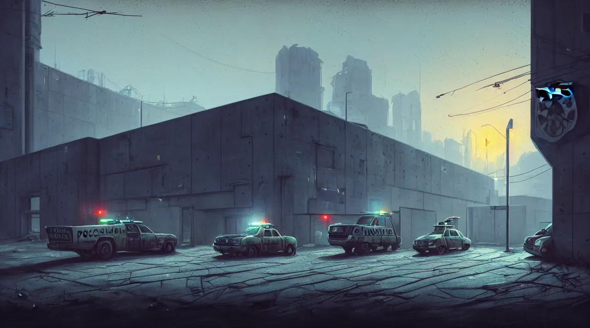 Prompt: post - apocalyptic police station, concrete building, paved roads, by simon stalenhag, by h. r giger, highly detailed photography, trending on artstation, hyperrealistic, human silhouettes, cyberpunk, environment artist, dystopian, science fiction, synthwave neon retro