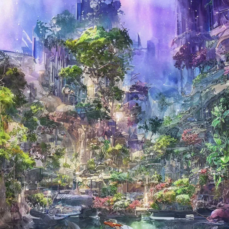 Image similar to Beautiful happy picturesque charming sci-fi city in harmony with nature. Beautiful light. Water and plants. Nice colour scheme, soft warm colour. Beautiful detailed watercolor by Lurid. (2022)