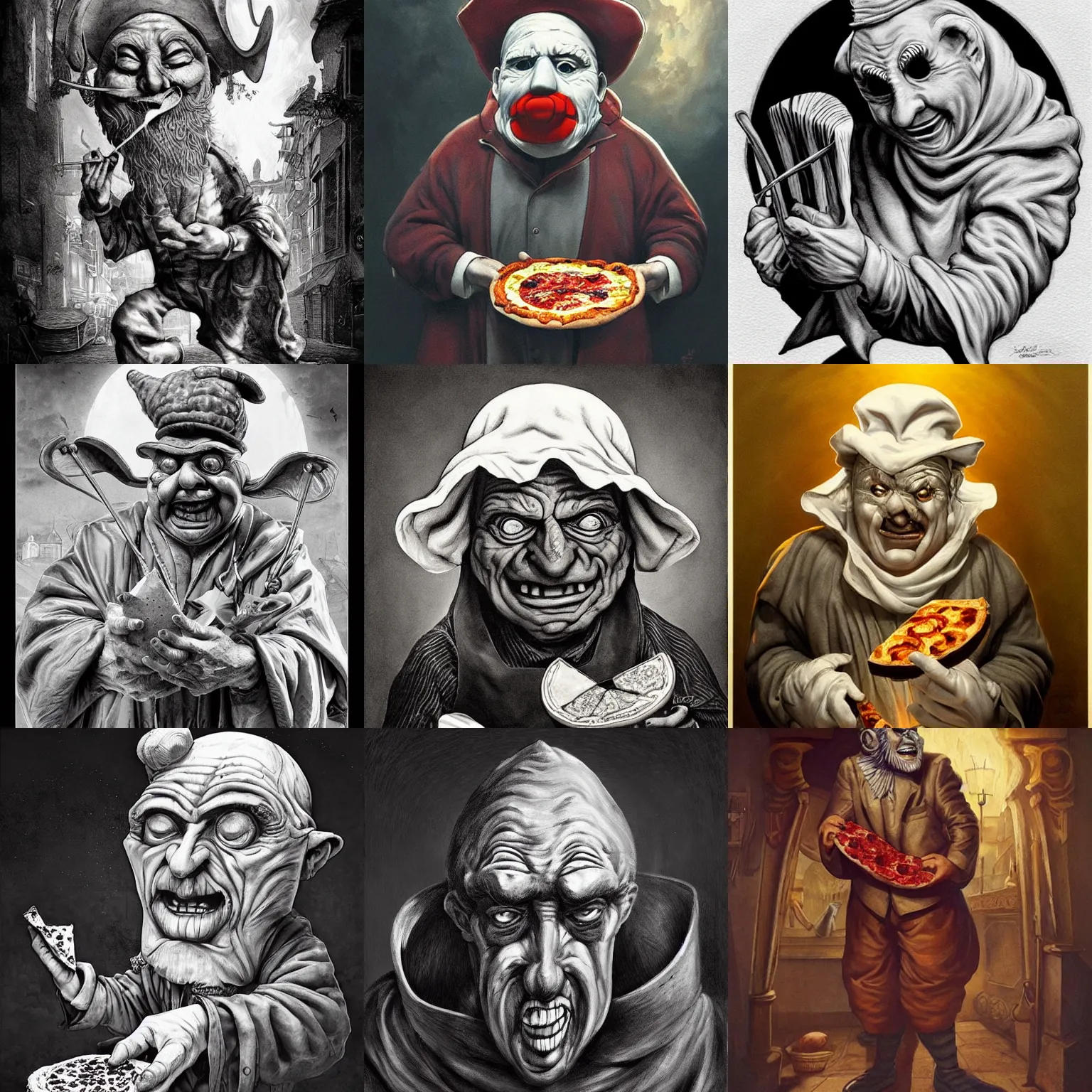 Prompt: wrinkled! old man wearing pulcinella mask, with a pizza! margherita di napoli, menacing appearance, dramatic backlight, full body, highly detailed, an ultrafine detailed painting by joe fenton, trending on deviantart, masterpiece, very coherent