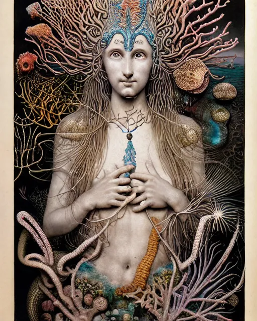 Image similar to realistic detailed underwater portrait of the beutiful young goddess of the fish of the three times with an intricate headdress of corals, sea kelp, sea plants, fish, jellyfish, art by ernst haeckel, zdzisław beksinski, h. r. giger, hieronymus bosch, gothic, neo - gothic, ornamental,