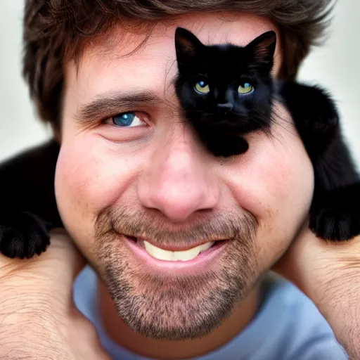 Prompt: a man holding two black kittens covering his face, realistic 4k