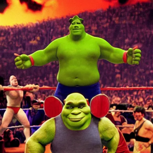 Image similar to WWF poster for shrek vs andre the giant at wrestlemania 8, dramatic lighting, 8k ,